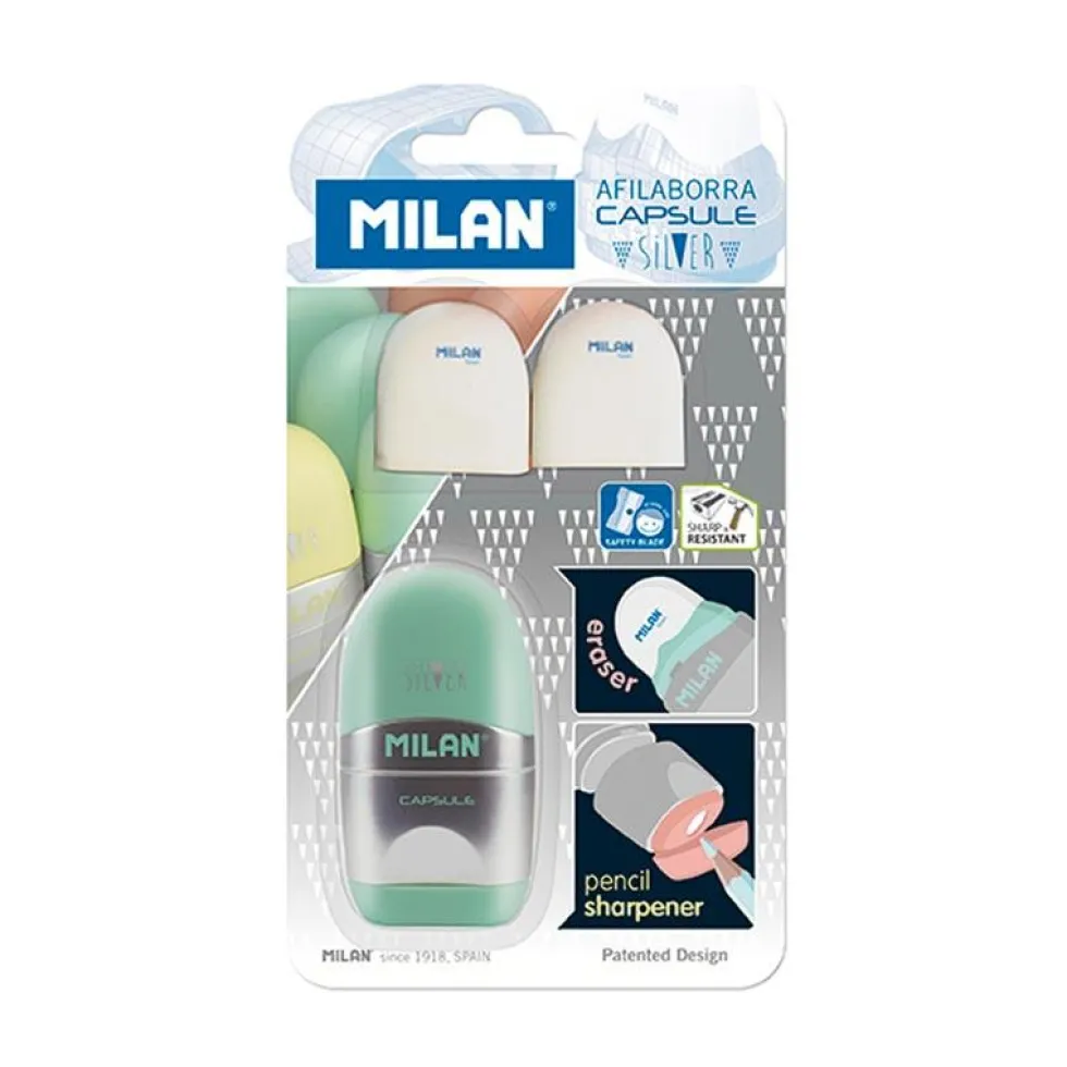 Afilalápiz con depósito y goma de borrar Capsule Silver Milan