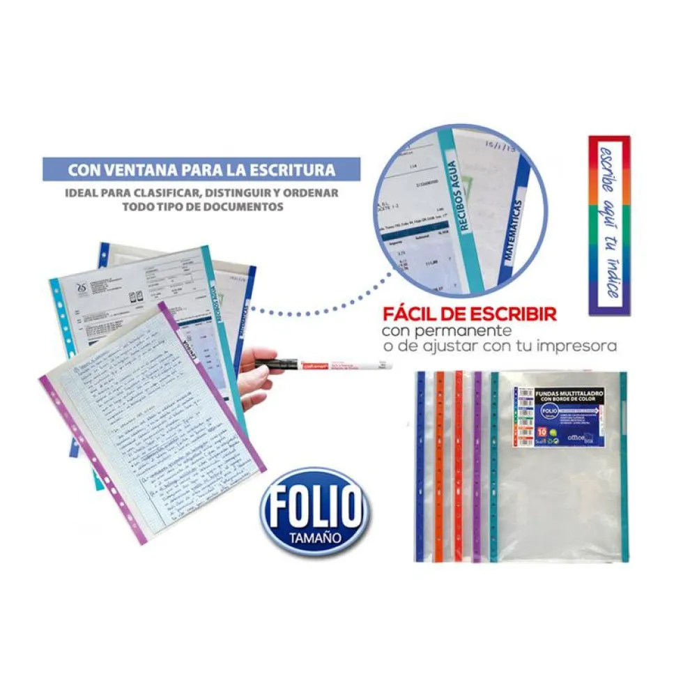 Funda tamaño folio con multitaladro y borde de color 10 unidades