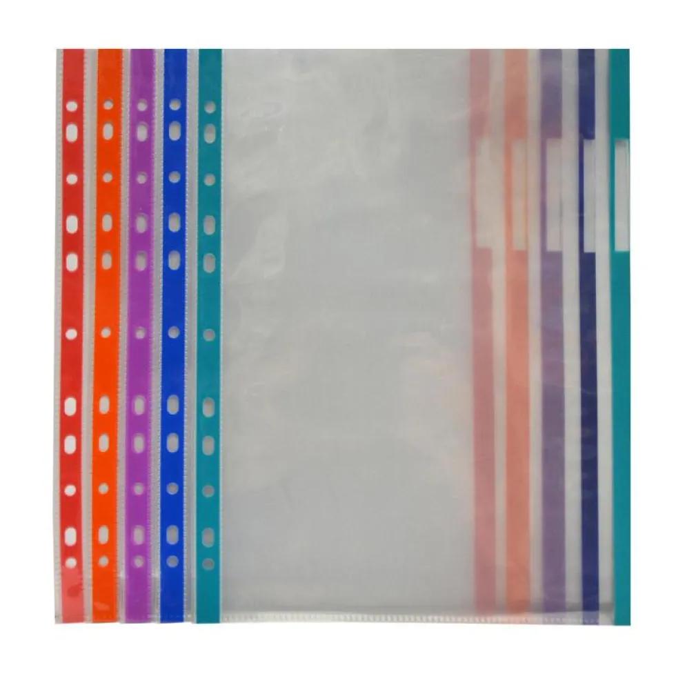 Funda transparente tamaño A4 con multitaladro y borde de colores 10 unidades