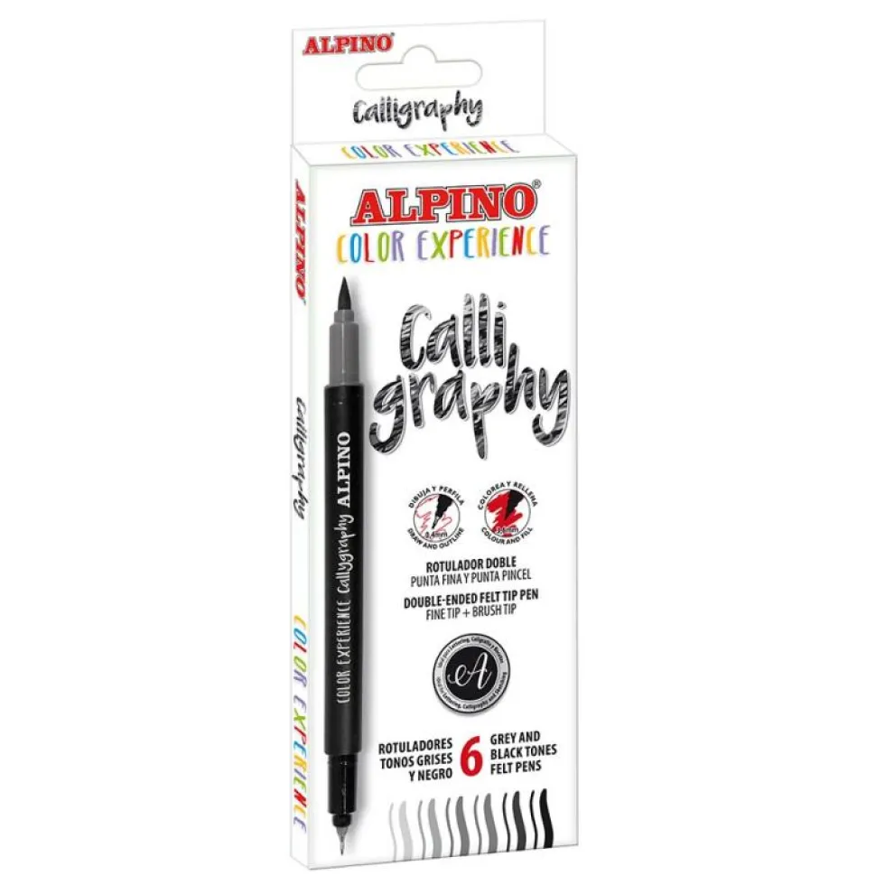 Rotulador doble punta para caligrafía: 6 unidades en tonos grises y negro