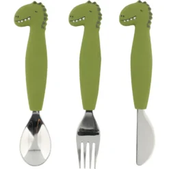 Set 3 cubiertos mango silicona dinosaurio