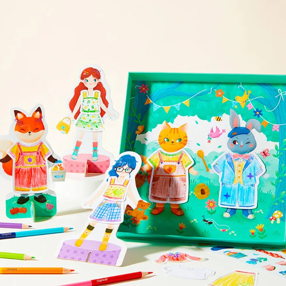 Set para colorear y vestir con notas adhesivas Amigos del bosque