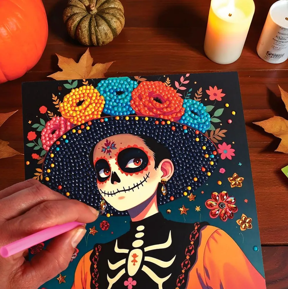 Set 3 tarjetas para decorar con diamantes día de los muertos