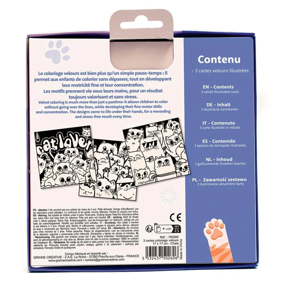 Set 3 tarjetas terciopelo para colorear gatos