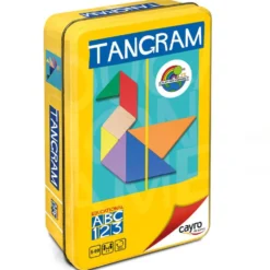 Tangram de madera colores FSC en caja de metal